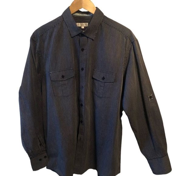 Bill Blass Pinstripe Shirt w/roll up sleeve button and tab, Size L - Picture 3 of 10